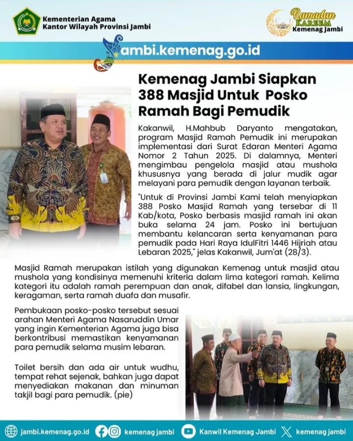 FYI: Kemenag Jambi Siapkan 388 Masjid Sebagai Posko Ramah Pemudik Lebaran 2025